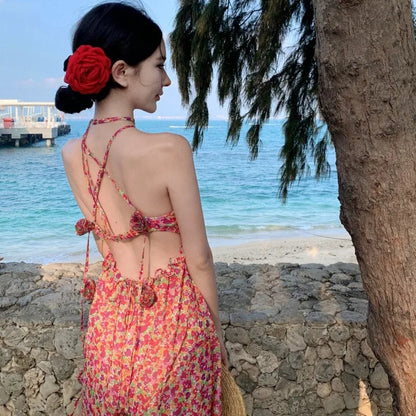 jinran NEW Halter Backless Beach Dresses Ladies Elegant Strappy Long Floral Dress 2024 Summer Slim Women's Bridesmaid Chic Sundress