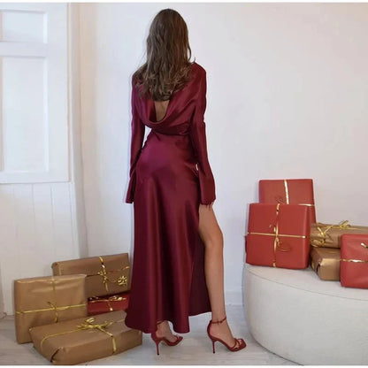 jinran Woman Flare Long Sleeve Sexy Backless Strapless Satin High Split Autumn SolidDresses Ladies Elegant Slim Party Long Dress