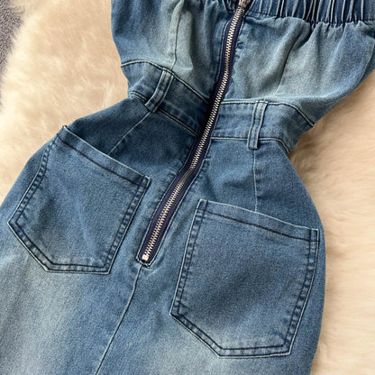 jinran Women Sexy Strapless Hollowed Out Halter Neck Backless Sleeveless High Waist Slimming A-line Denim Zipper Dress