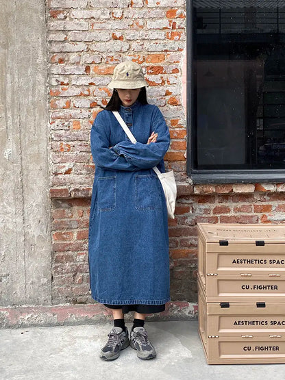 jinran Oversized Vintage Denim Dress Female Retro Japanese Loose Stand Collar Long Sleeves Big Pocket Long Dress 2022 New Spring