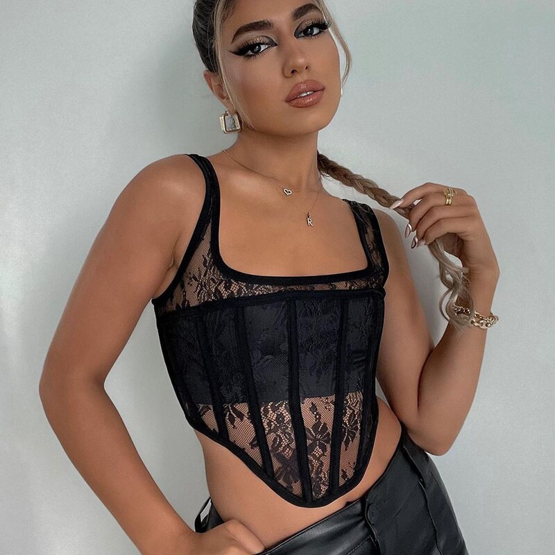 jinran Corset Crop Tops Women 2022 White Y2K Tee Sexy Off Shoulder Summer Backless Tube Tank Top Lace See Through  Sleeveless