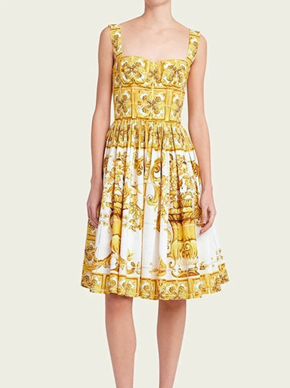jinran Fashion yellow flower porcelain printed corset cup suspender dress 2024 summer women's new waist swing long A-line skirt