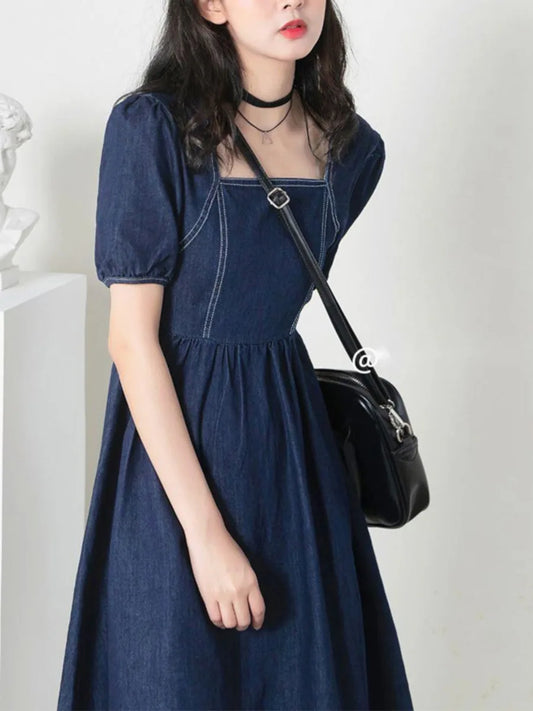 jinran Vintage Square Neck Denim Dress Women Chic Back Zipper Pleated Spliced Female Short Sleeve Dresses 2024 Summer New Vestido