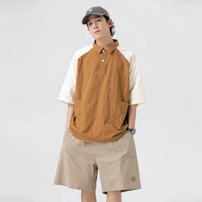 Couple Japanese Shirt Harajuku Oversized Short Sleeve Shirt for Men Women Hawaiian Contrast Stitching Polo Geometric Streetwear