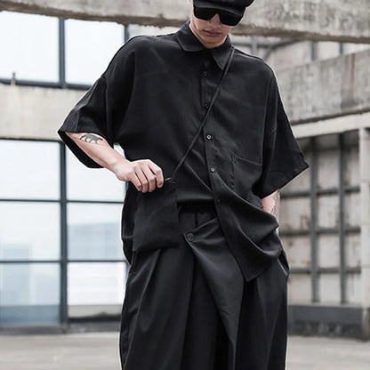 Black Oversized Short Sleeve Shirt Men's Korean Style Drop Shoulder Shirt Harajuku Loose Single Breasted Shirt