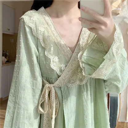 jinran New V-neck Tied Pajama Set for Women Spring Autumn Tops Long Sleeved Pants Lace Lace Pajamas