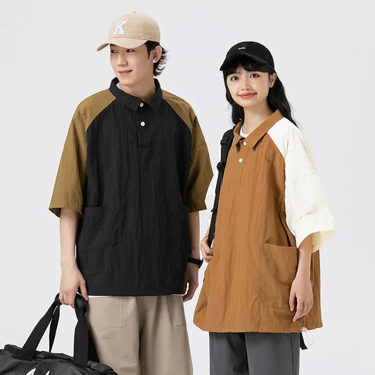 Couple Japanese Shirt Harajuku Oversized Short Sleeve Shirt for Men Women Hawaiian Contrast Stitching Polo Geometric Streetwear