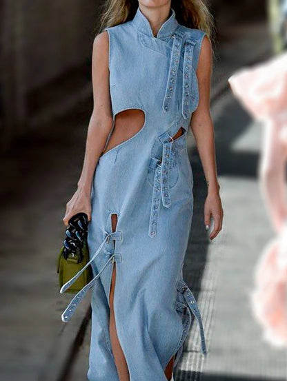 jinran Women Denim Dress Fashion High Waist Hollow Out Long Party Dress Sexy Cutout Sleeveless Thigh Stand Collar Slit Maxi Dresses