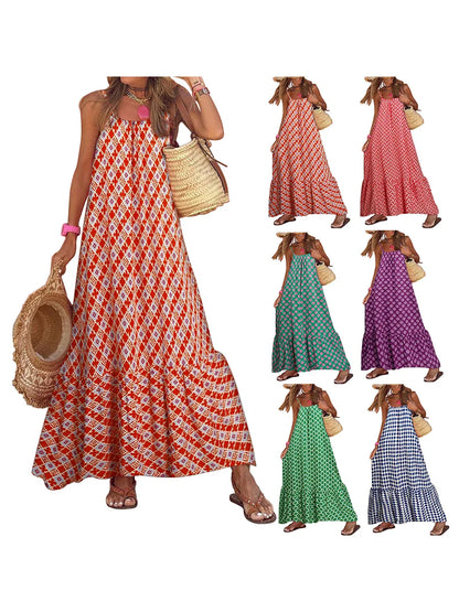 Summer Women Casual Loose Long Beach Dresses Vintage Striped Print Patchwork Dress Female Elegant Sleeveless Straps Dress