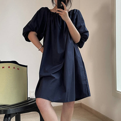 jinran Summer women's casual solid color puff sleeve loose dress