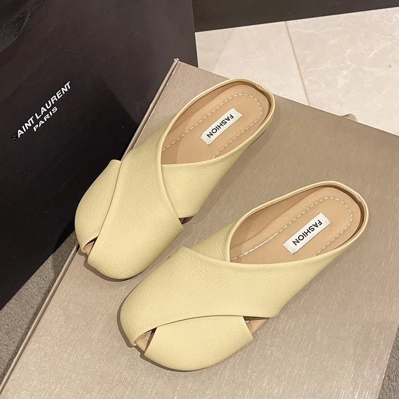 jinran Women Pure Color Flat Slippers Shoes Summer Peep Toe Leather Flat Sandals Female Fashion Mules Casual Outwear Shoes 2024 New