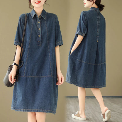 jinran 2024 Summer New Korea Woman Dress Vestidos Robe Elbise Loose Plus Size Fashion Polo Short Sleeve Denim Dresses