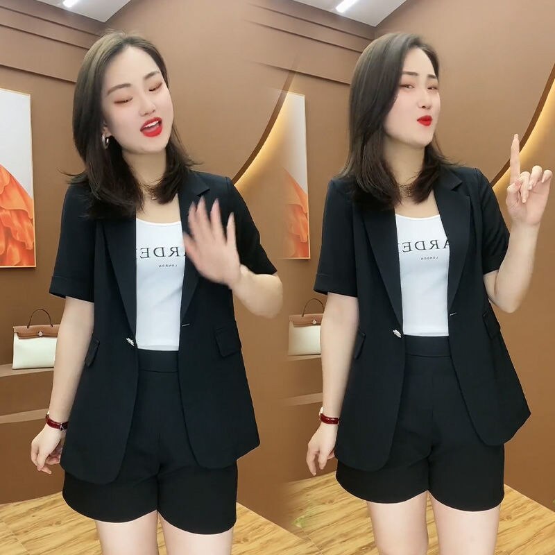 jinran 2022 Summer New Elegant Women's Shorts Suit Casual Short Sleeve Jacket Blazer Shorts Two Piece Set Office Work Suit Coverall