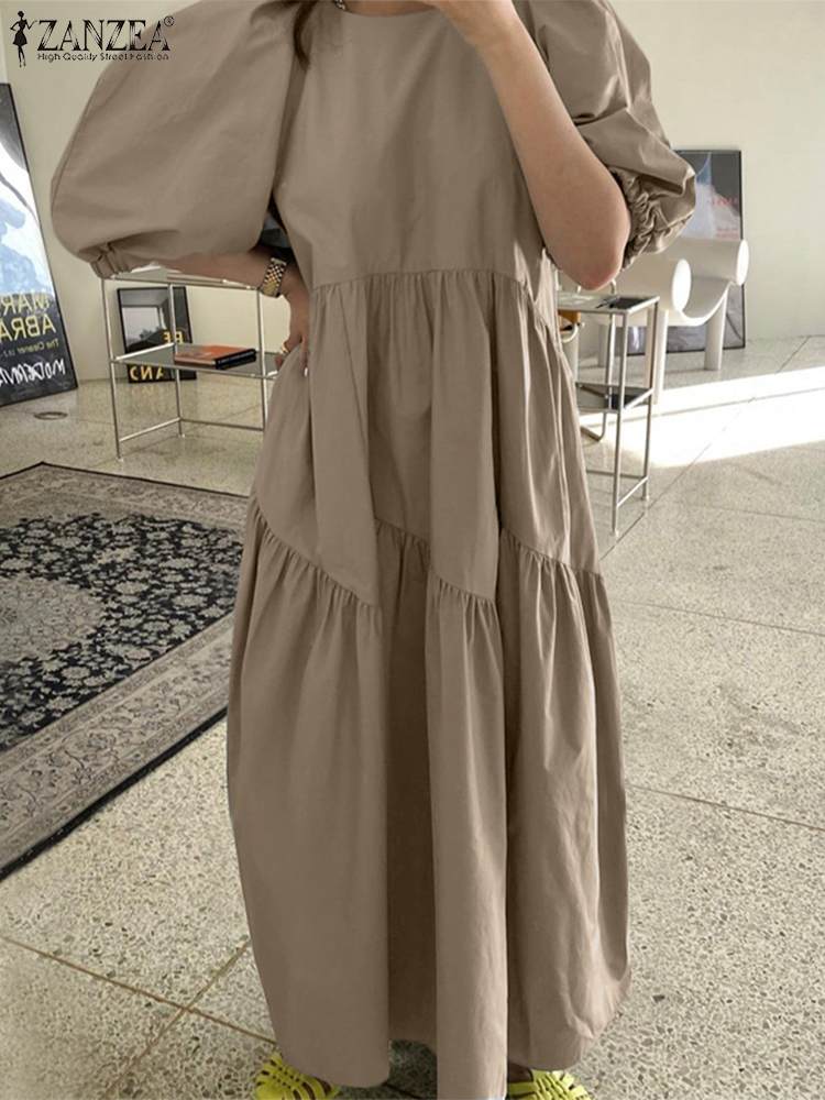 jinran 2022 Summer Half Puff Sleeve Sundress Women Casual O Neck Smocking Vestidos ZANZEA Vintage Loose Solid Kaftan Oversize Club Robe