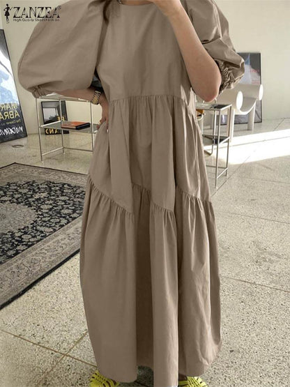 jinran 2022 Summer Half Puff Sleeve Sundress Women Casual O Neck Smocking Vestidos ZANZEA Vintage Loose Solid Kaftan Oversize Club Robe