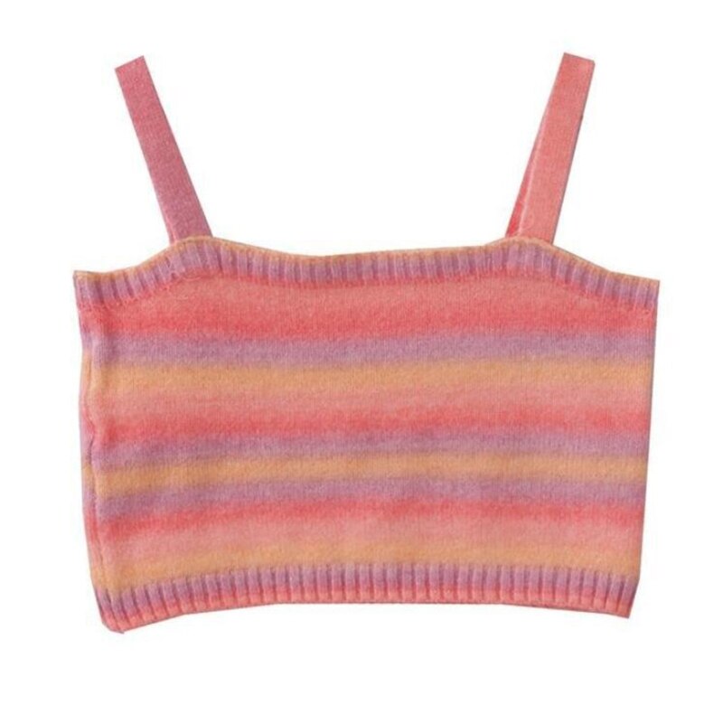 jinran Women Rainbow Striped Crop Tops Female Knitted Sleeveless Tank Tops Summer Camisoles Sweet Girls Casual Party Daily Club Vest