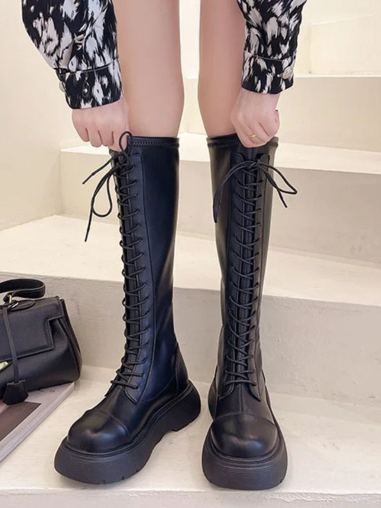 jinran Pure Color Sexy Lace-up Boots Women Korea Style New Summer 2024 Knee Thick Soles Tall Small Skinny Knight Long Platform Boots