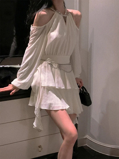 jinran 2024 New Fairy Pure Color Short Party Dress Korean Fashion Elegant Mini Dress Woman Design Casual Long Sleeve Dress Female