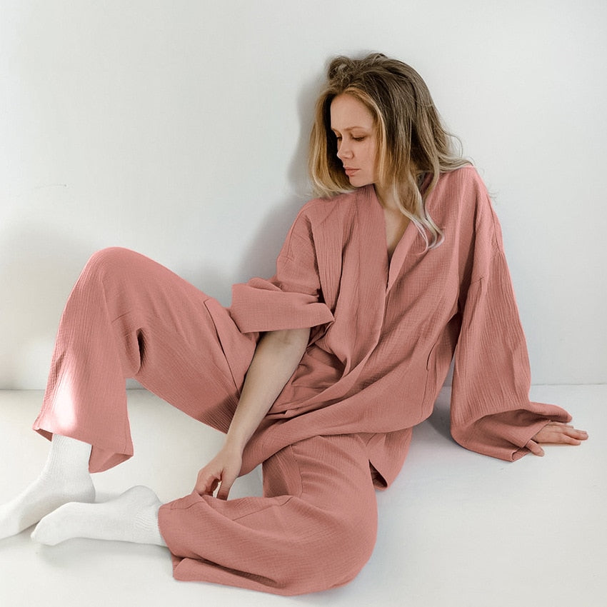 jinran Kimono Pajamas New 100% Cotton Crepe Long-Sleeved Trousers Ladies Sleepwear Suit Women's Home Service Mujer