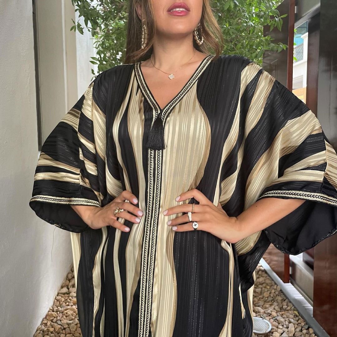 jinran Ramadan Eid Dubai Abaya Spring Autumn Striped Bat Sleeve Muslim Dress Fashion Arab Robe Tassel New Women's Wear Plus Size Skirt