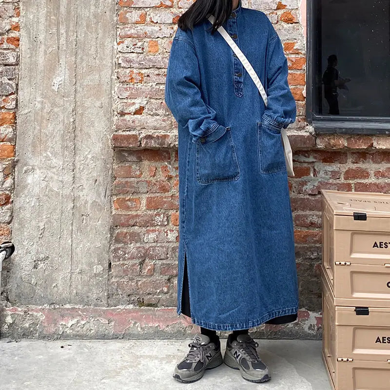 jinran Oversized Vintage Denim Dress Female Retro Japanese Loose Stand Collar Long Sleeves Big Pocket Long Dress 2022 New Spring