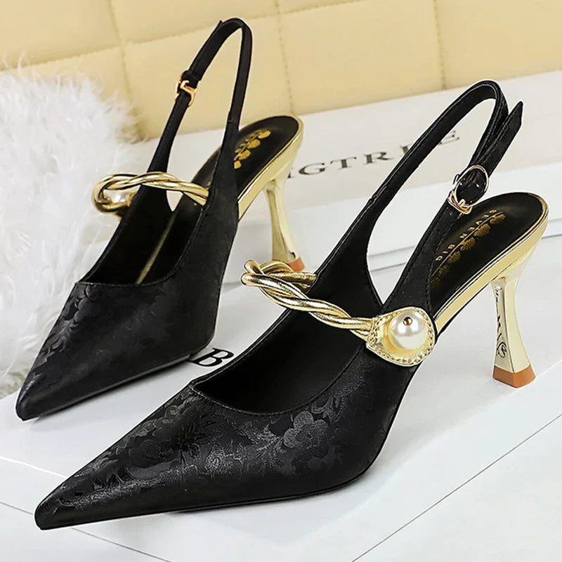 jinran 2024 New Ethnic Style Women Pumps Silks Satins High Heels Pointed Hollow Women Sandals Metal Heel Kitten Heels Sexy Party Shoes