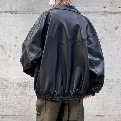 Oversized VIntage Men's Leather Jackets PU Biker Coat Autumn Faux Leather Bomber Jacket 90s Big Pockets Windbreaker Overcoat