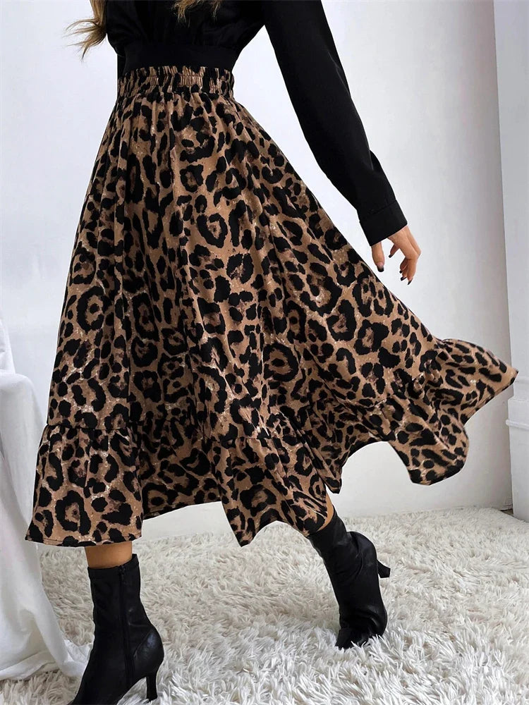 jinran  High Waist Leopard Midi Skirt For Women Casual Boho Printed Long Tulle Skirt Ladies 2024 Autumn New Chiffon A-line Skirt