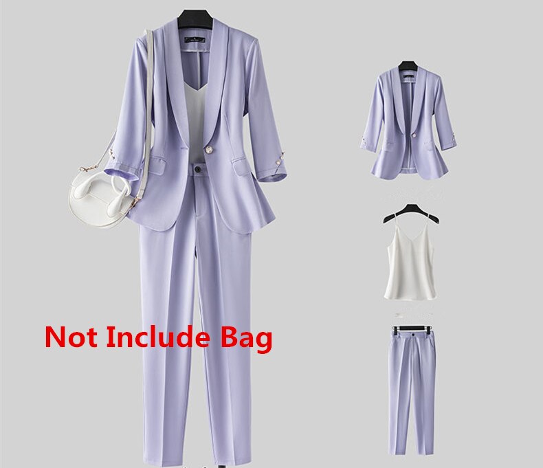 jinran Women's High-End Graceful Work Clothing 2022 Spring Summer Thin Office Lady Elegant Purple Suit Coats+Sling Vest+Pants Outfits