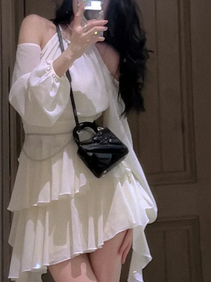 jinran 2024 New Fairy Pure Color Short Party Dress Korean Fashion Elegant Mini Dress Woman Design Casual Long Sleeve Dress Female