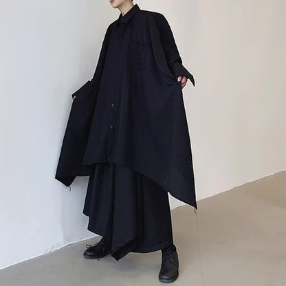 Mens Harajuku Irregular Shirt 2024 Spring New Fashion Goth Handsome Loose Oversized Lapel Fashion Long Sleeve Cloak Unisex