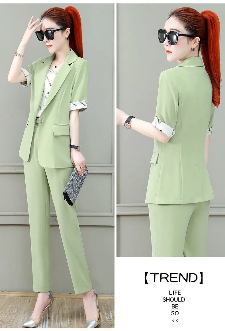 jinran 2022 Summer New French Elegant Women's Pants Suit Slim Jacket Office Blazer Casual Trousers Two-piece Set Female Tracksuit Set