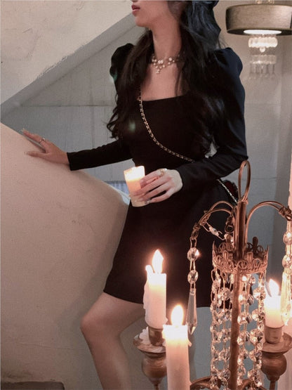 jinran 2023 Spring New Elegant Square Collar Midi Party Dress  For Women Long Sleeve Black White Slim Vestidos Female Clothes
