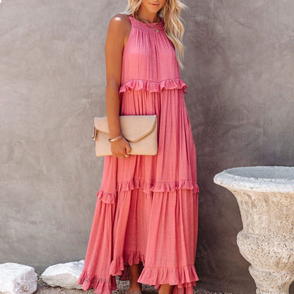 jinran Casual Solid Ruffle Long Dress Women Summer A-line Sleeveless Maxi Dresses Elegant Tie-Up Loose Beach Party Dress Vestidos Robe