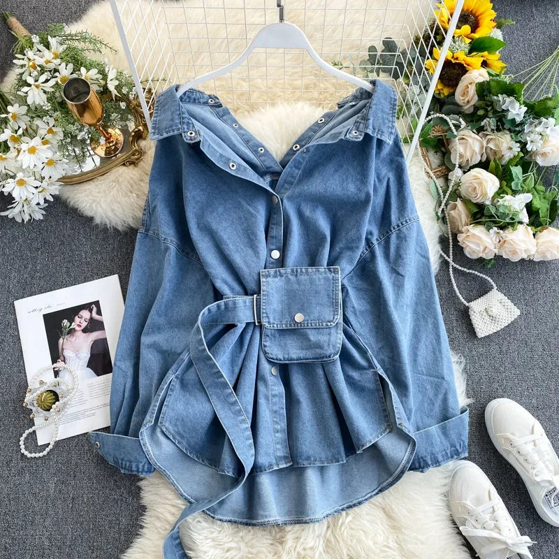 jinran Women's Denim Shirt Dress Straps Waist Thin Single-breasted Pockets Jacket Cowboy Blouses Belted Cardigan A-Line Dress Vestido