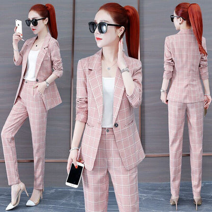 jinran Summer New Korean Fashion Elegant Women's Pants Suit Thousand Bird Lattice Slim Fit Jacket White Vest Trousers Three Piece Set