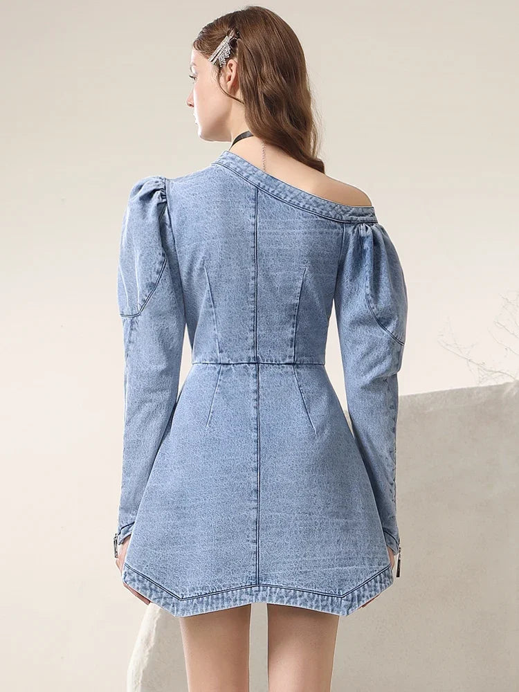 jinran Spring 2024 New Irregular Sexy Cold-Shoulder Mesh Flower Famale Dress New Chinese Style Denim A-LINE Women Dresses
