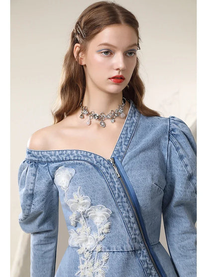 jinran Spring 2024 New Irregular Sexy Cold-Shoulder Mesh Flower Famale Dress New Chinese Style Denim A-LINE Women Dresses