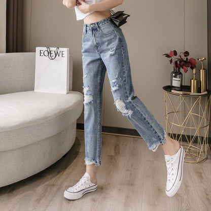 jinran 2022 New Lady Spring And Summer Light Blue Pierced Jeans Women'S Fashion Loose Dad Harlan Trousers High Waist Slim 9-Point Pants