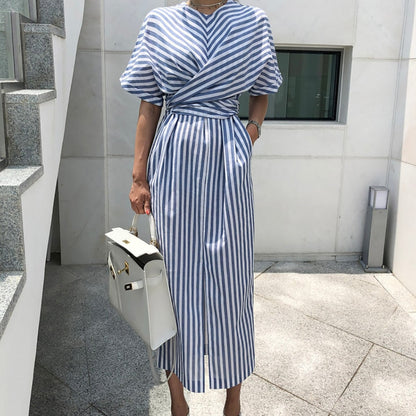 Women Summer Cotton Blue Striped Bandage Split Long Dress Long Dress Summer Elegant Casual Maxi Dress Summer Holiday Sundress