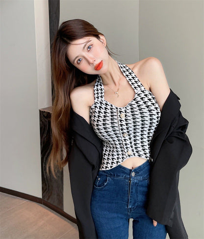 jinran Houndstooth V Neck Halter Top Crop Top Women Sexy Backless Camisole Knitting Soft Comfortable Vest Women 2022 New