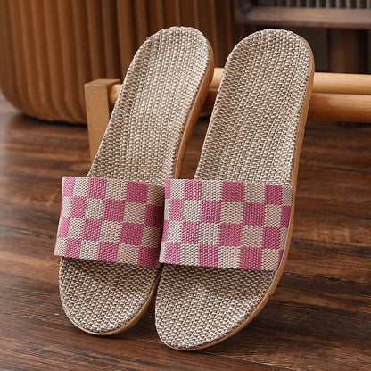 jinran New Checkerboard Linen Slippers Women 2022 Summer Indoor Home Shoes Household Non-slip Couple Four Seasons Men's Sandals Y