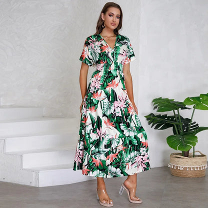 jinran Women Autumn Outfits Short Sleeve Sexy V-Neck Slim Bohemian Print Dress Popular Printed Summer Dress Women