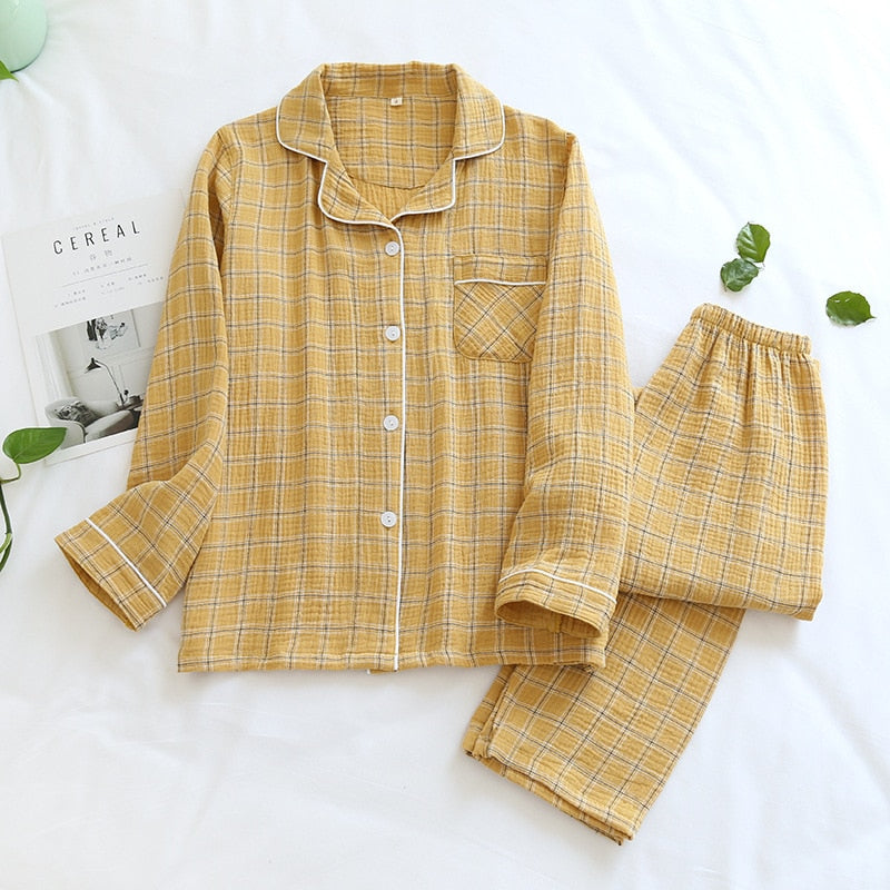 jinran New Spring And Autumn Pure Cotton Crepe Cloth Couple Soft Men Long-Sleeve Simple Home Service Women Two Piece Set