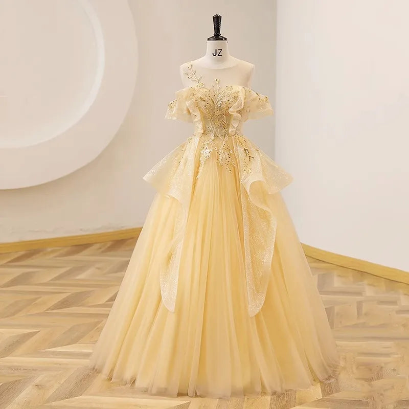 jinran The new colored yarn yellow evening dress sweet gorgeous costume elegant pompous skirt