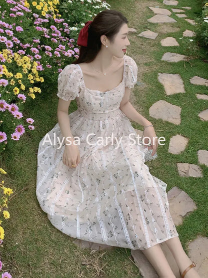 jinran Vintage Puff Sleeve Fairy Midi Dress Women Sweet Elegant Korean Style Floral Dress Female 2023 Summer Casual Party Dresses Chic