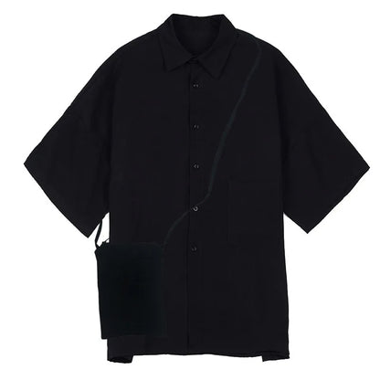 Black Oversized Short Sleeve Shirt Men's Korean Style Drop Shoulder Shirt Harajuku Loose Single Breasted Shirt