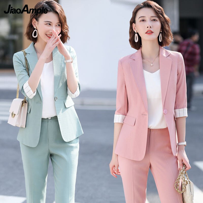 jinran Women's Summer Blazers Pants 2 Piece Set Korean Office Lady Graceful Three Quarter Suit Coat Pencil Trousers Outfits Pink Jacket