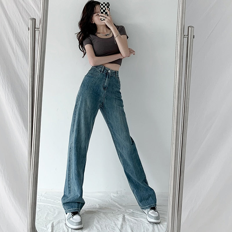 jinran Jeans Women Baggy High Waist Pants 2022 New Fashion Straight Leg Pants Y2k Denim Trousers Vintage Loose Washed Mom Jeans