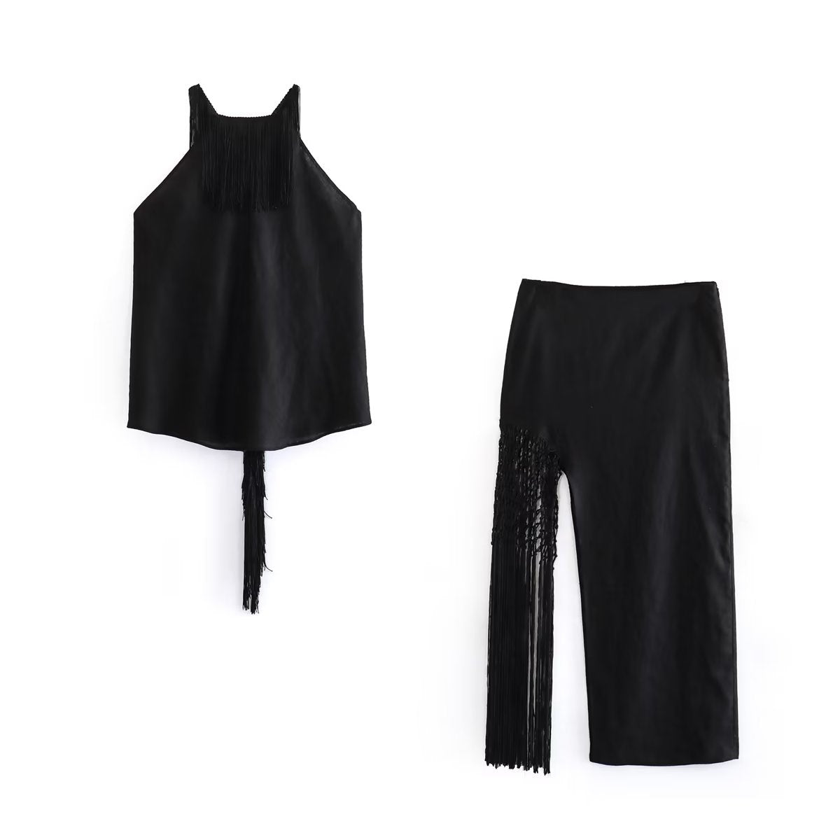 jinran Summer Women Solid Tassel Top Skirts Sets 2023 Causal Sleeveless Backless O-neck Top High Waist Side Zipper Mid-Calf Skirts